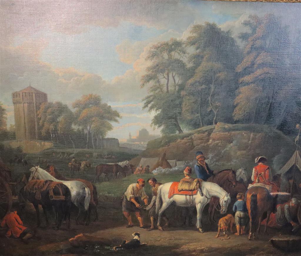 Attributed to Pieter van Bloemen (1657-1720) An encampment in an Italianate landscape 26.5 x 32in.